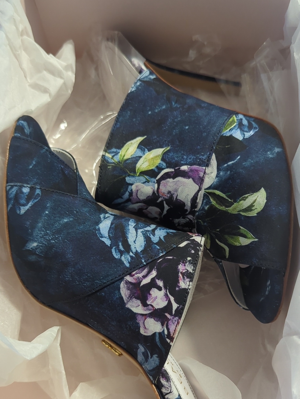 Beautiisoles Floral Navy Peep-Toe Ankle Heels - Women 7.5